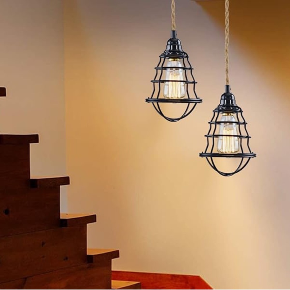 NEW! Set of 2! Industrial Black Cage Pendant Lights Lamp Shades